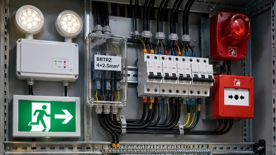 Emergency lighting, exit signs and fire alarm bus cable installation