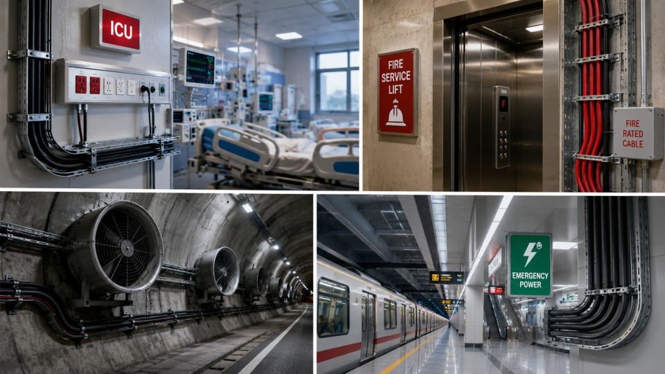 Fire service lifts and ICU/OR critical load power cable installation