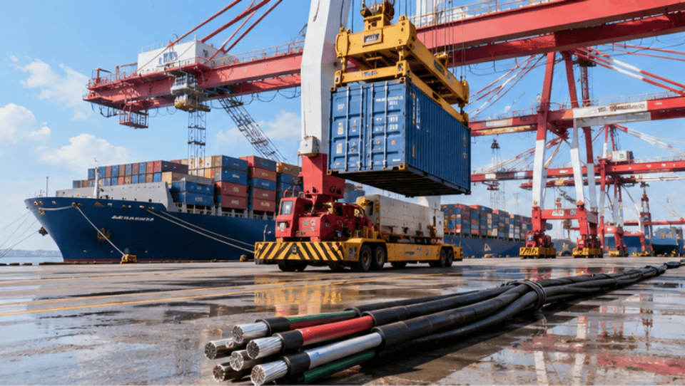 Port machinery container handlers at industrial crane facility