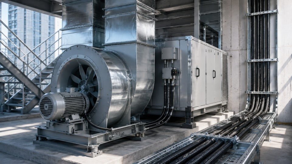 Smoke evacuation and stair pressurisation fan unit
