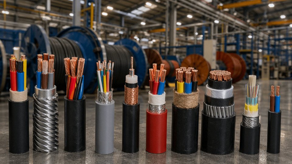 Assorted industrial cable types laid out side by side in a cable manufacturing facility