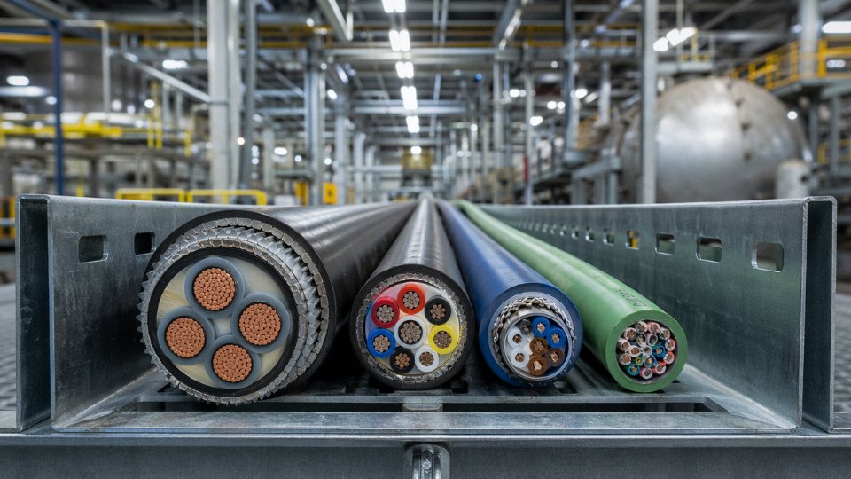 Four types of industrial cables — power, control, instrumentation, and communication — arranged side by side in a cable tray on a plant floor