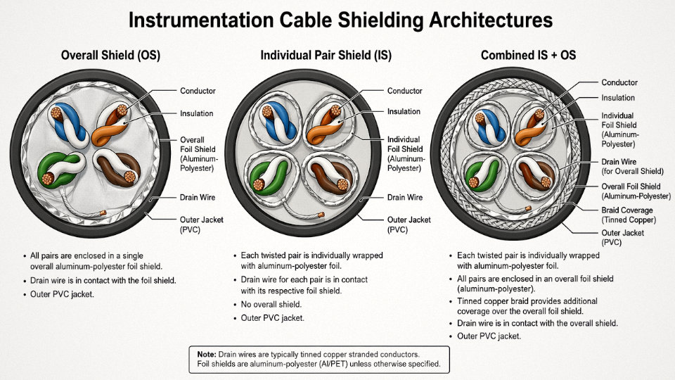 Engineering cross-section diagram comparing overall shield versus individual pair shield versus combined IS plus OS shielding architectures in multi-pair instrumentation cables