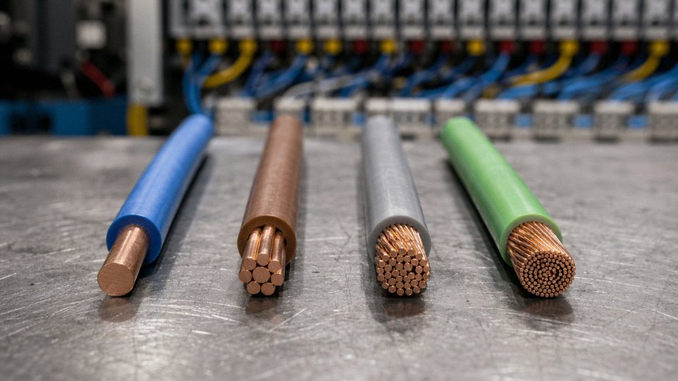 Four types of electrical wire — solid, stranded, flexible stranded, and extra-flexible — laid side by side on an industrial workbench