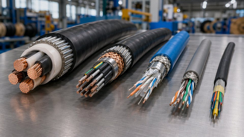Five types of industrial cable laid out side by side in a manufacturing facility