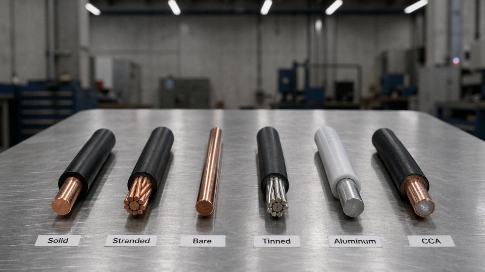 Six types of electrical wire laid out side by side on a steel workbench, showing solid, stranded, bare, tinned, aluminum, and copper-clad aluminum conductors