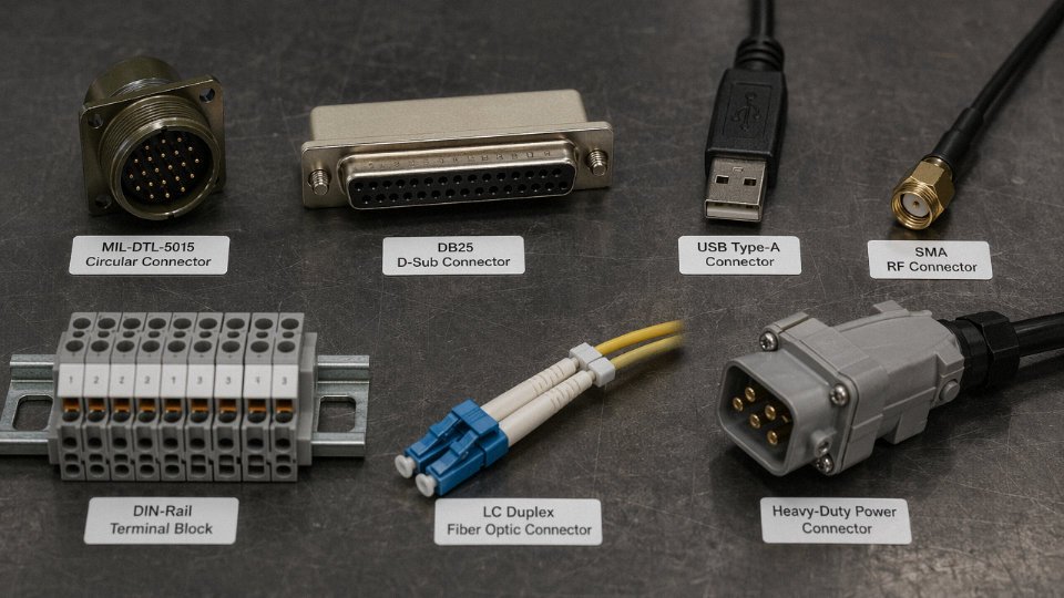 Seven types of cable connectors arranged on an industrial workbench including circular, D-sub, USB, coaxial, terminal block, fiber optic, and power connectors