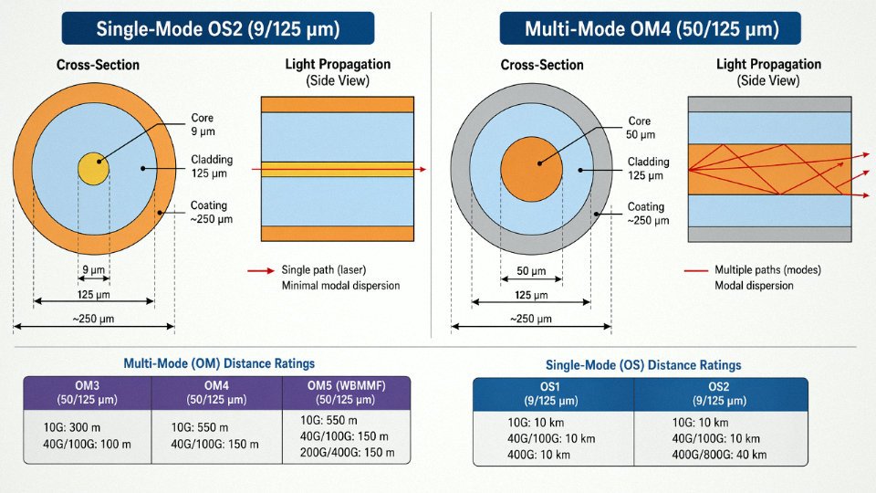 Side-by-side engineering diagram comparing single-mode and multimode fiber optic cable cross-sections with labeled dimensions and light propagation paths
