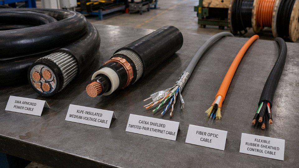 Assortment of industrial cable types including power, armored, coaxial, and data cables arranged on a workshop surface