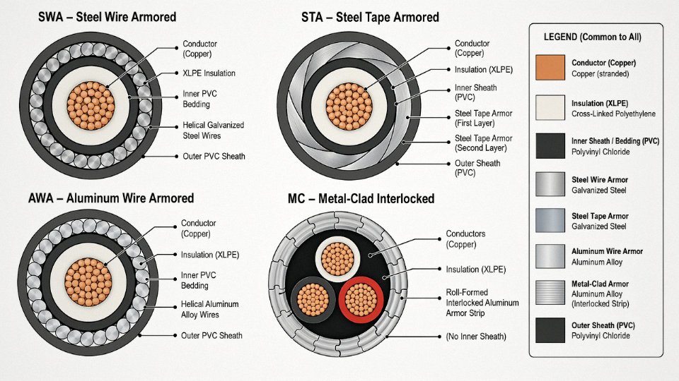 Engineering cross-section diagram comparing SWA, STA, MC interlocked, and AWA armored cable constructions