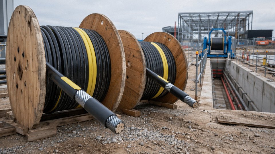 Reels of SWA armored cable on an industrial site ready for underground installation