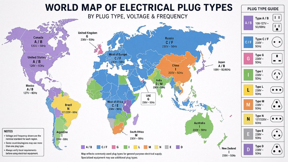 World map showing regional electrical plug standards color-coded by plug type with voltage and frequency annotations