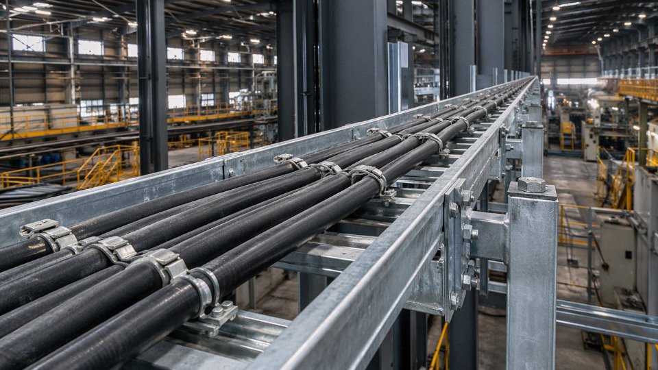 SWA armored cables installed on a steel cable tray in an industrial facility, showing proper cleat spacing and UV-rated black outer sheath