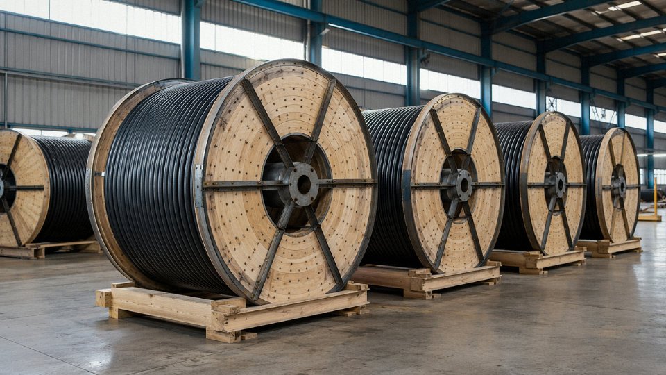 armored-cable-above-ground-installation-01-jinda-swa-cable-drums-export-packaging-wooden-drums-warehouse