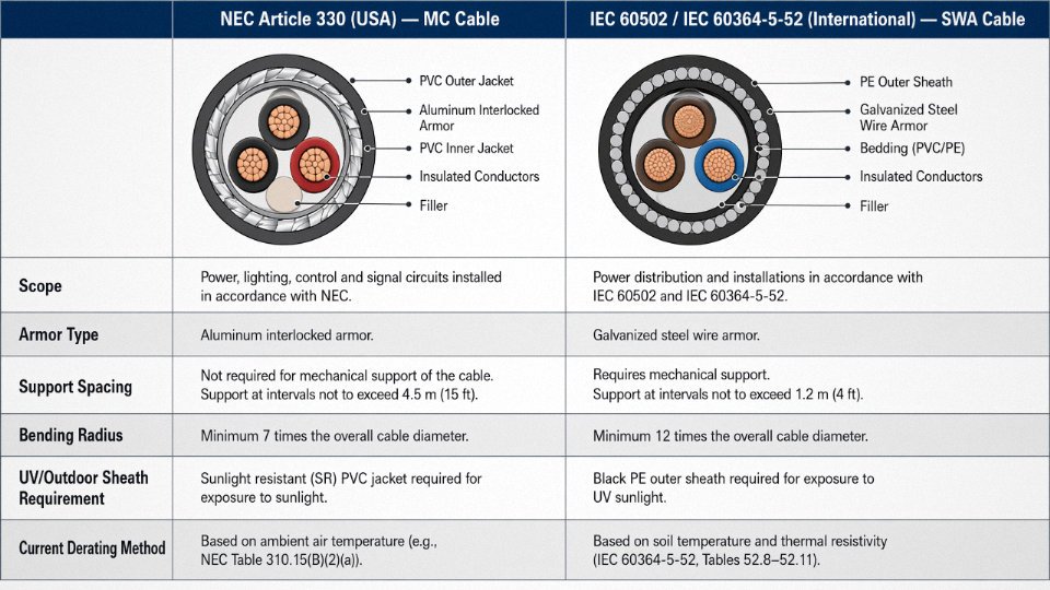 Side-by-side comparison diagram of NEC Article 330 MC cable and IEC 60502 SWA armored cable standards for above-ground installation requirements