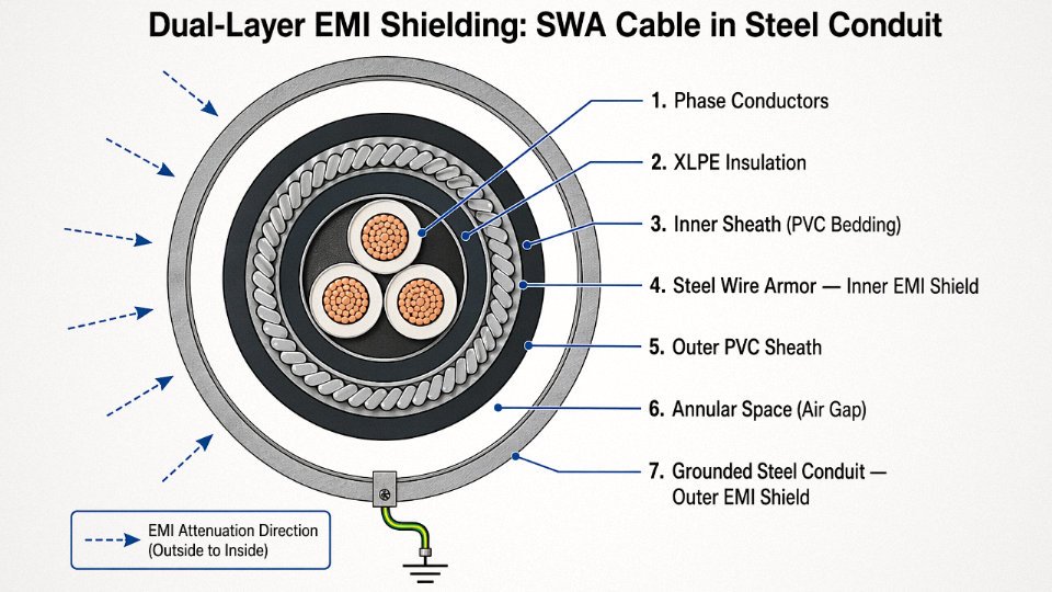 Cross-section engineering diagram showing steel wire armored cable inside grounded steel conduit with dual EMI shielding layers labeled