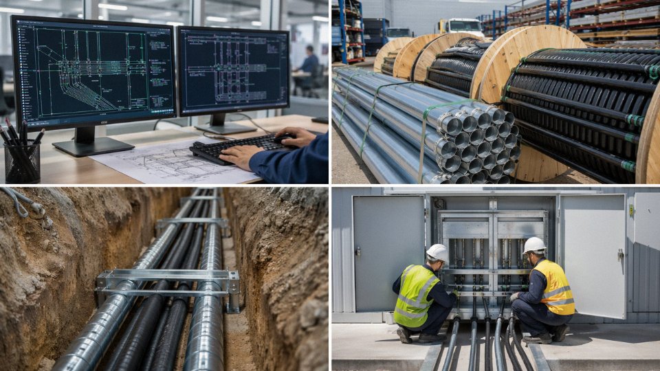 armored-cable-in-conduit-01-four-phase-project-workflow-diagram-showing-design-procurement-installation-and-handover-steps