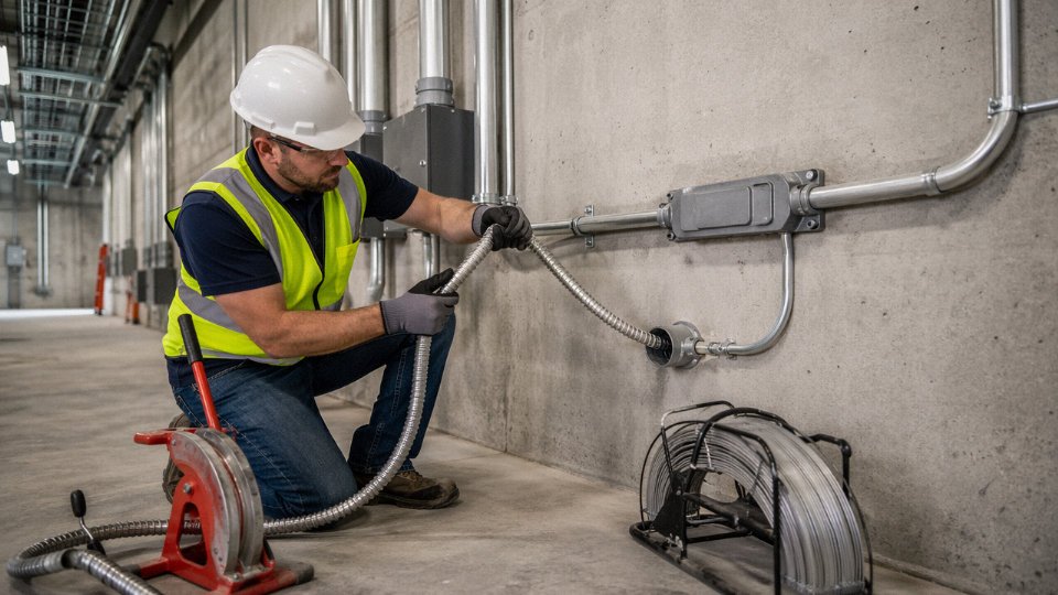 Electrician pulling interlocked armored MC cable through EMT conduit in an industrial facility
