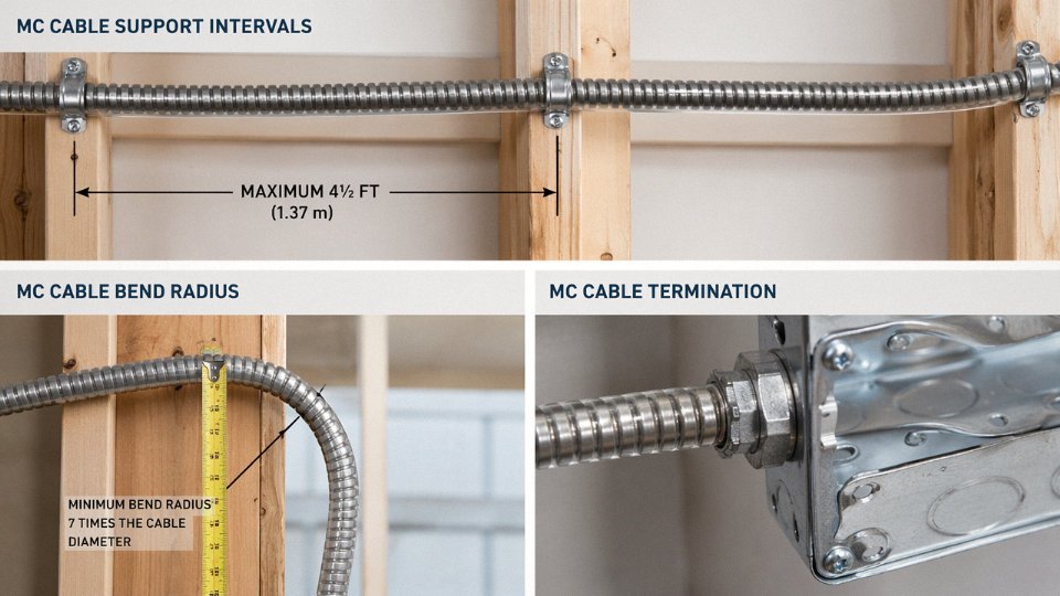 armored-cable-in-house-01-code-requirements-diagram showing MC cable support intervals, bend radius measurement, and termination fitting details with English labels