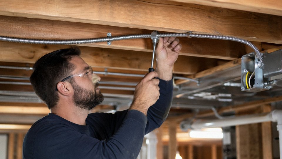 Electrician installing armored MC cable in a residential basement, securing it to floor joists with listed cable straps