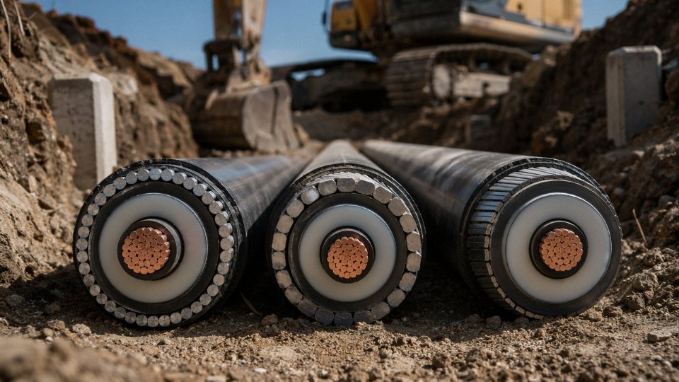 Cross-section of armored cable types laid out in an industrial trench installation showing SWA, STA, and AWA constructions