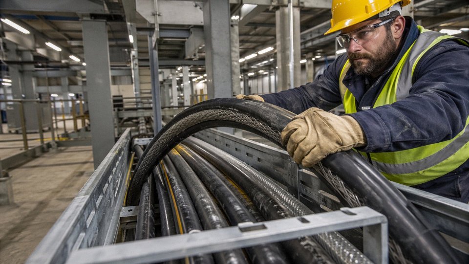Large-diameter SWA armored cable being routed through a congested industrial cable tray, showing the stiffness and space constraints of steel wire armor construction.