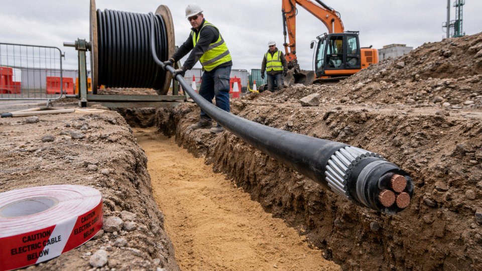 Steel wire armored cable being laid into an open outdoor trench on an industrial site