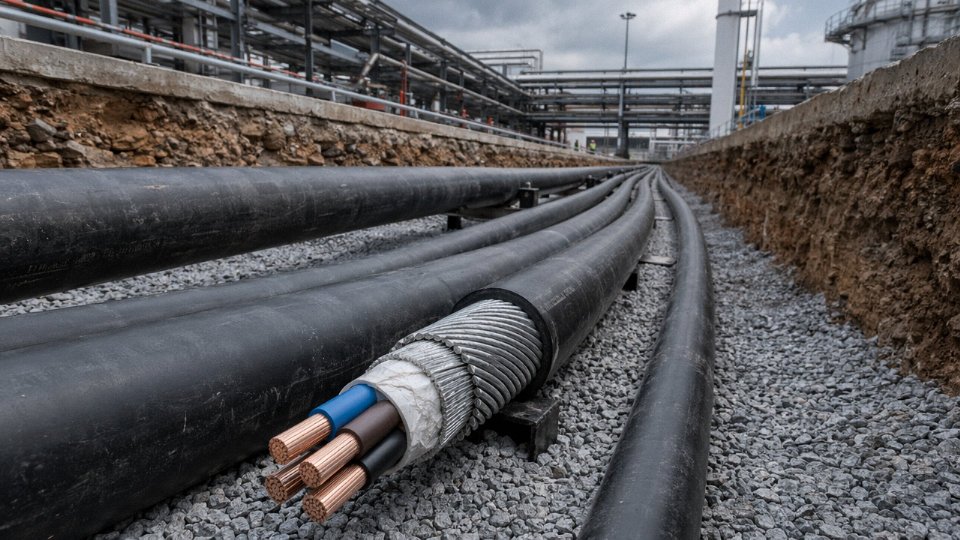 Steel wire armored cable installed in an outdoor industrial cable trench with multiple layers visible