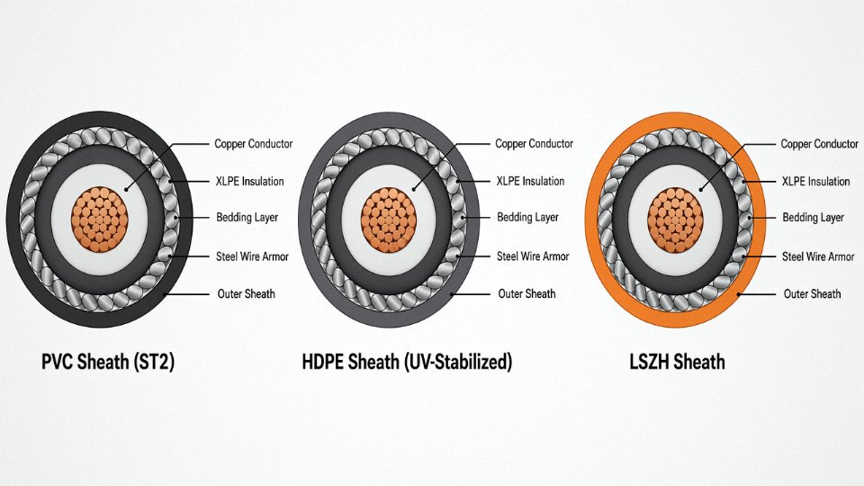 Engineering cross-section diagram comparing PVC, HDPE, and LSZH outer sheath constructions on armored cable