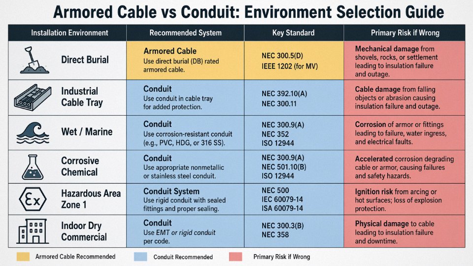 Engineering decision matrix table comparing armored cable and conduit across installation environments