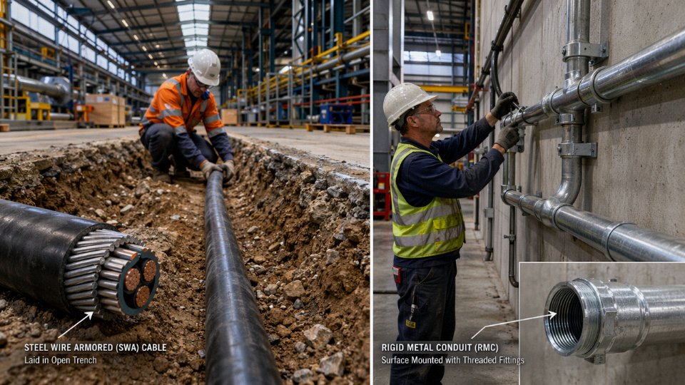 Side-by-side comparison of steel wire armored cable and rigid metal conduit in an industrial setting