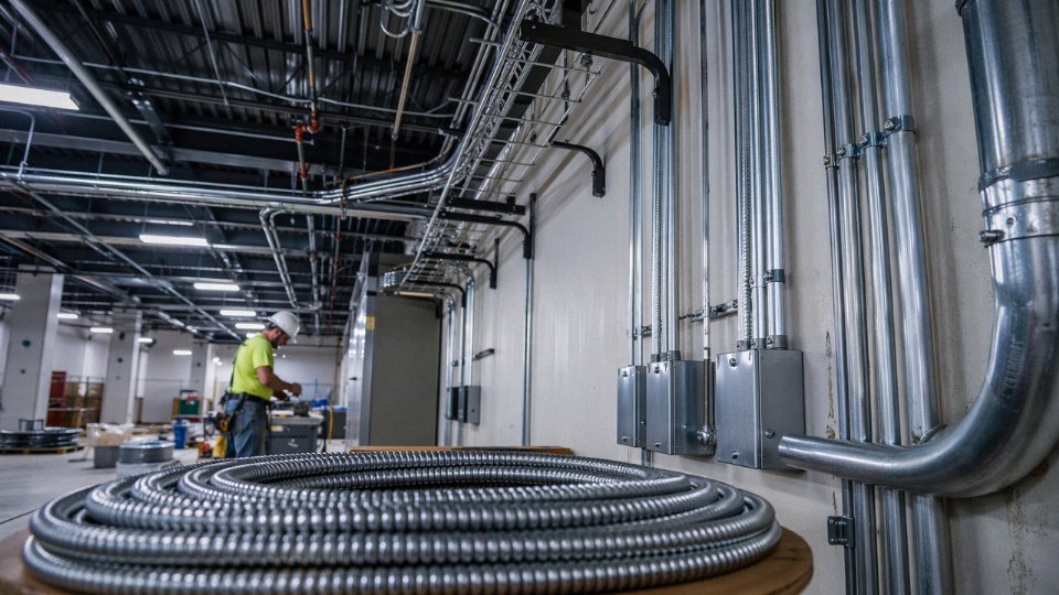 Side-by-side installation of MC armored cable and EMT conduit runs in a commercial industrial ceiling space