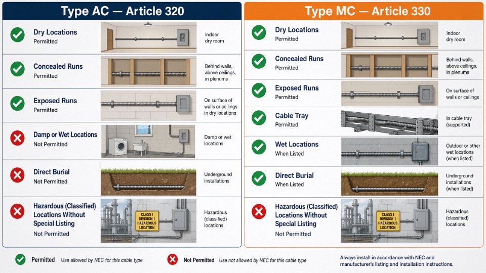 Flat vector comparison diagram of NEC Article 320 Type AC and Article 330 Type MC cable permitted and prohibited use locations