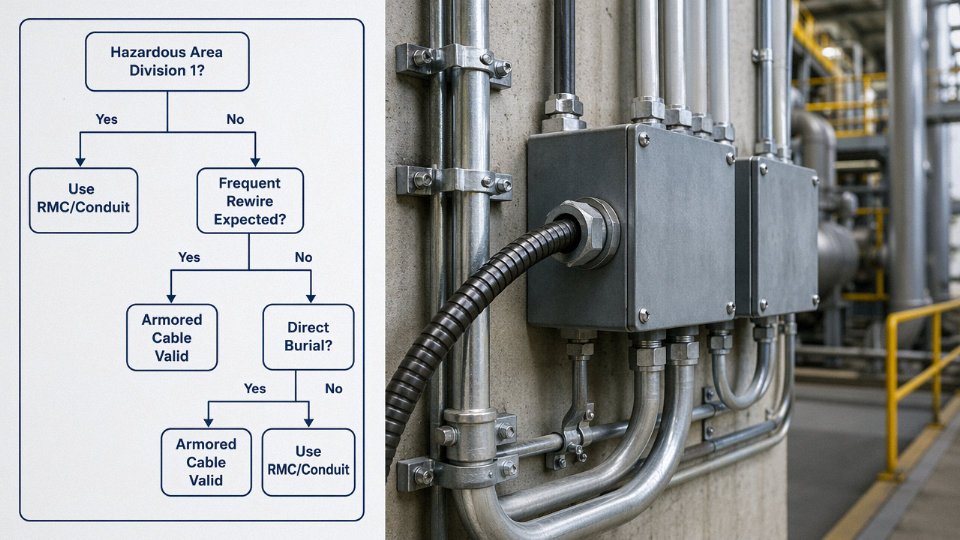 armored-cable-vs-conduit-09-faq-decision-flowchart showing a simple flowchart with English labels: