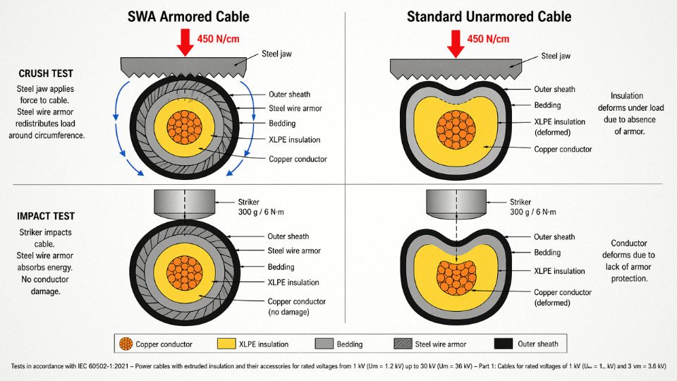 Engineering diagram comparing crush resistance and impact resistance test results between SWA armored cable and standard unarmored cable