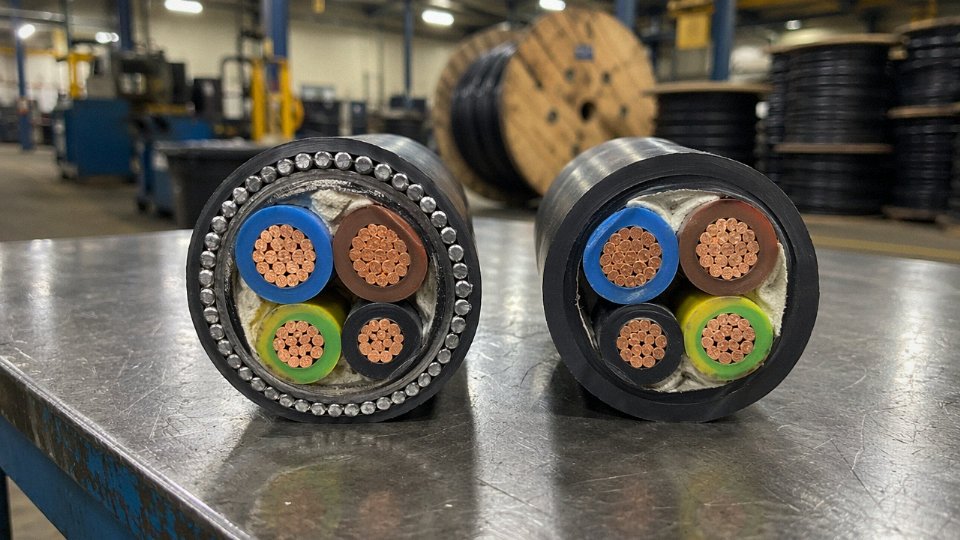 Side-by-side comparison of armored SWA cable and standard unarmored cable cut in cross-section on an industrial workbench