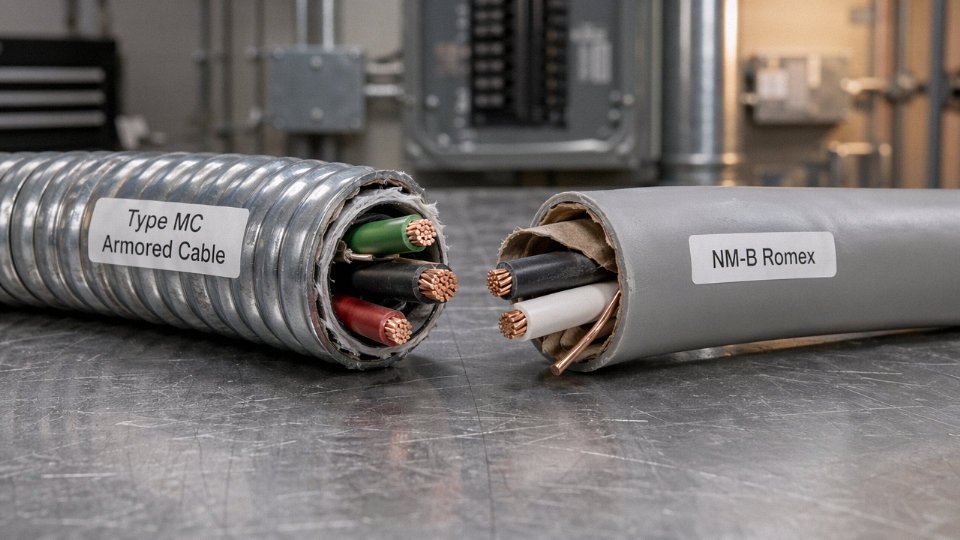 Side-by-side cross-section comparison of armored MC cable and NM-B Romex cable on an industrial workbench
