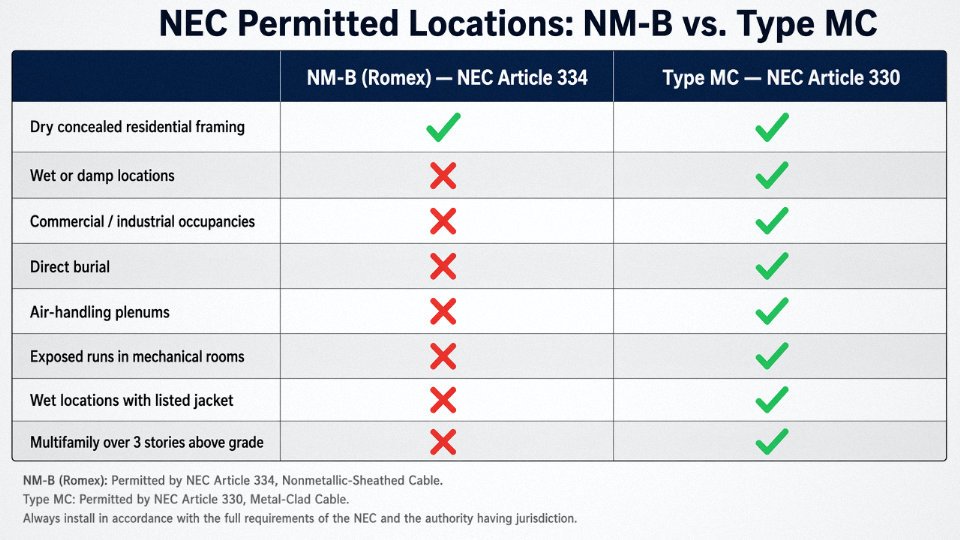 Engineering comparison chart showing NEC-permitted and prohibited installation locations for NM-B Romex versus Type MC armored cable