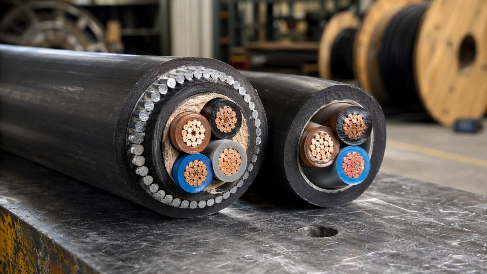 Cross-section comparison of armoured SWA cable and unarmoured cable side by side on an industrial workbench