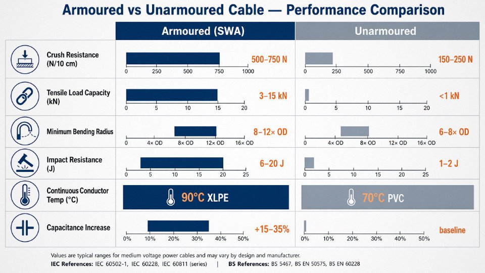 Engineering comparison diagram showing mechanical and electrical performance metrics for armoured versus unarmoured cable types