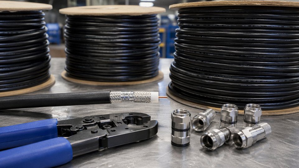 RG-6 quad-shield coaxial cable rolls and connectors for cable TV installation