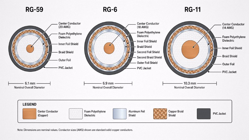 Side-by-side cross-section diagrams of RG-59, RG-6, and RG-11 coaxial cables showing conductor sizes and shielding layers