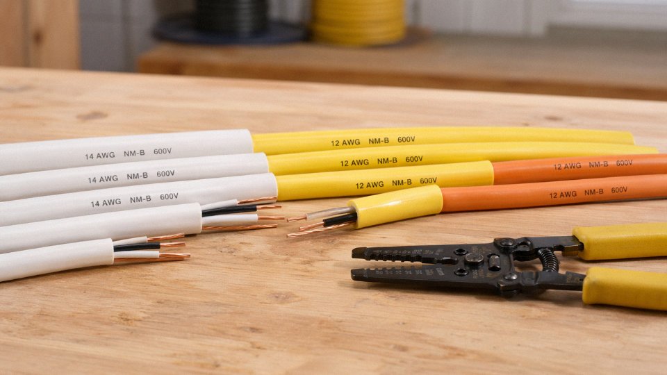 Assorted residential electrical wires and cables laid out on a workbench, showing different gauges and NM-B insulation colors
