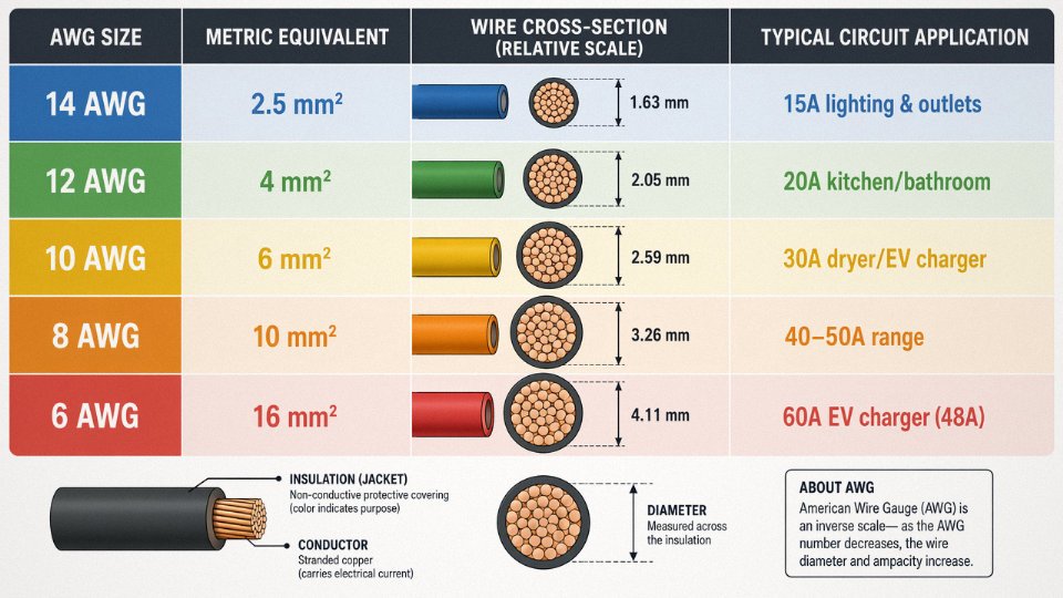 Flat vector chart comparing AWG wire gauges to metric mm² equivalents with corresponding circuit applications and breaker sizes