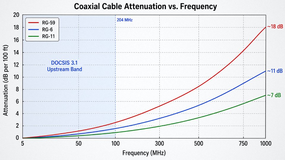Attenuation versus frequency line chart comparing RG-59, RG-6, and RG-11 coaxial cable signal loss from 5 MHz to 1 GHz