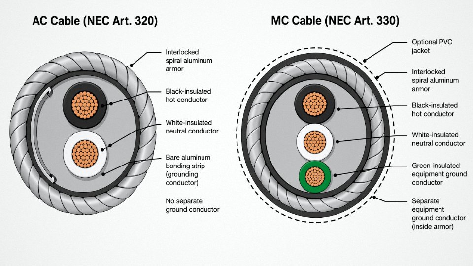 Engineering cross-section diagram comparing AC and MC cable internal construction with labeled components