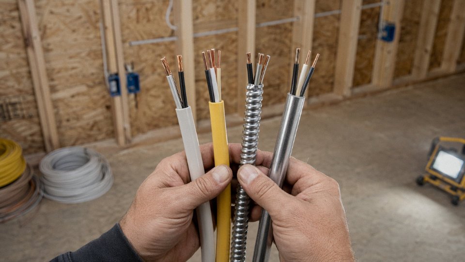 Electrician holding multiple residential cable types including NM-B, AC, and MC cable in a framed wall setting