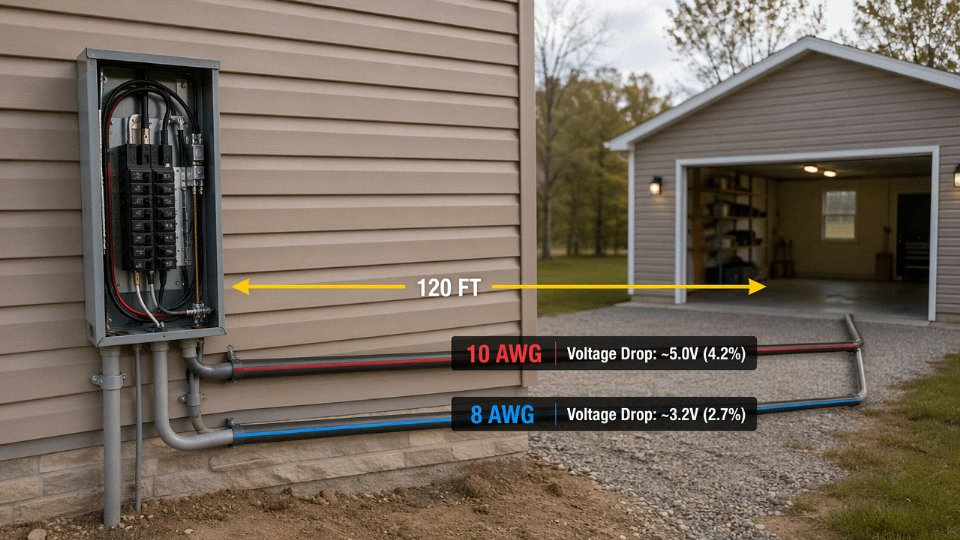 cable-types-residential-wiring-01-voltage-drop-garage-run-diagram showing 120 ft run from panel to detached garage with 10 AWG vs 8 AWG voltage drop comparison, labeled in English
