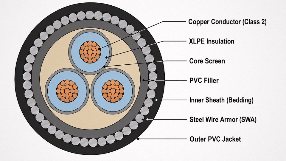 Engineering cross-section diagram of a three-core steel wire armored power cable showing all internal layers labeled in English