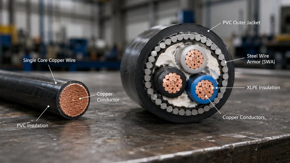 Side-by-side comparison of a single copper wire and a multi-core armored industrial cable on a workshop bench